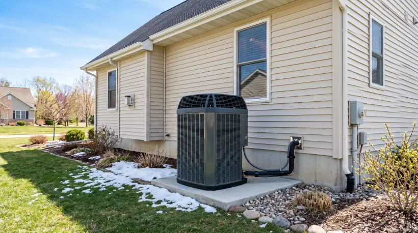 Outdoor heat pump unit beside a home